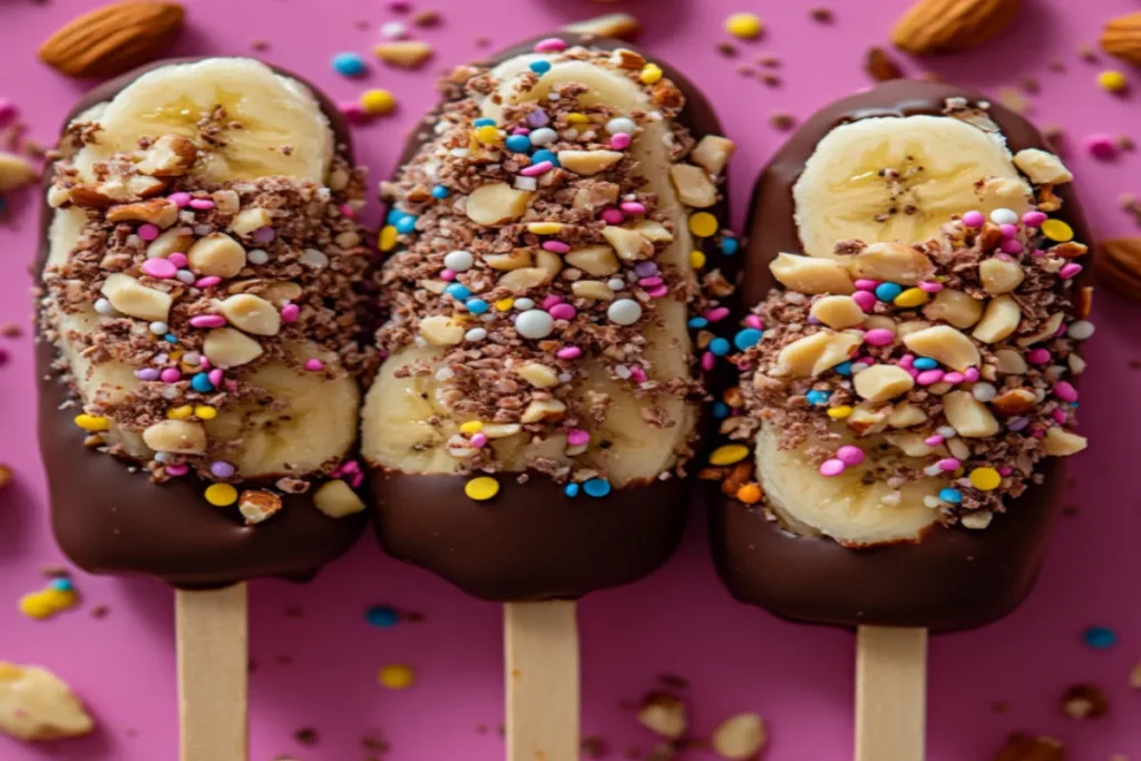 Frozen banana pops with chocolate and nuts