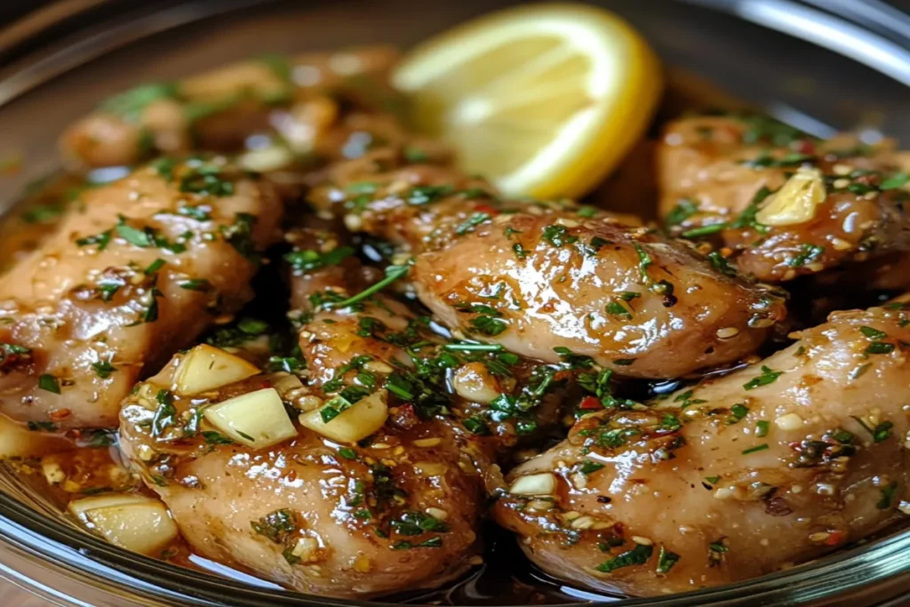 Chicken legs in Greek marinade with garlic and lemon