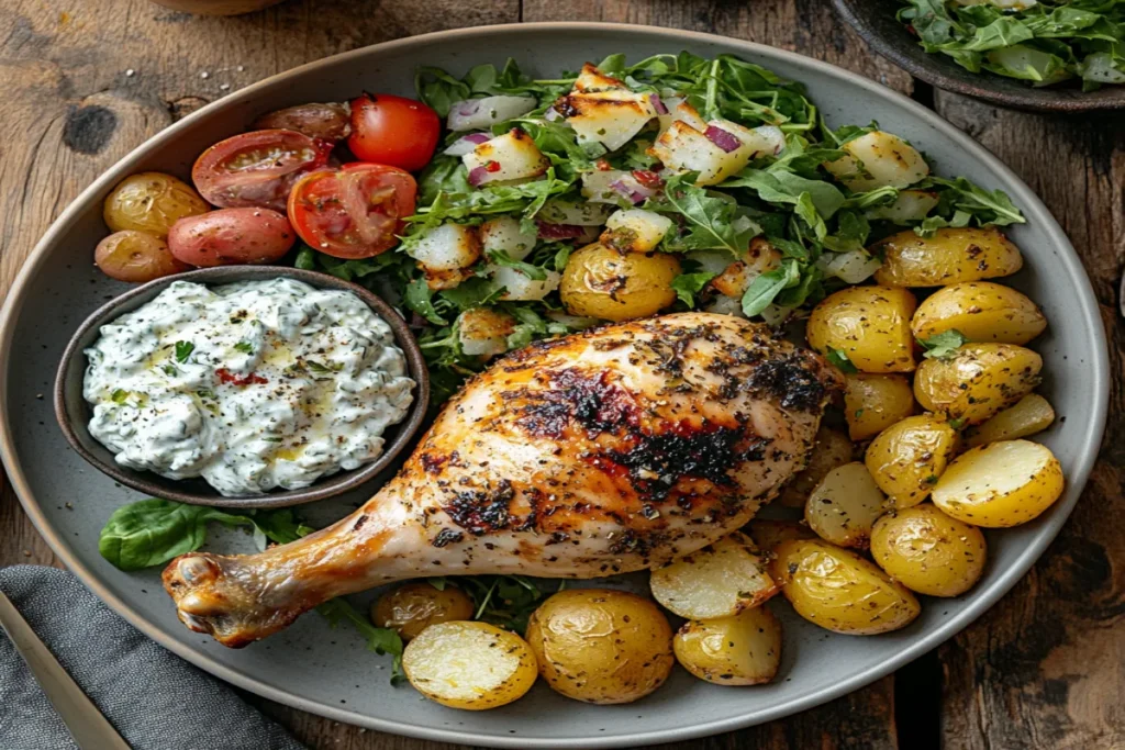 Greek-style chicken served with lemon potatoes and tzatziki