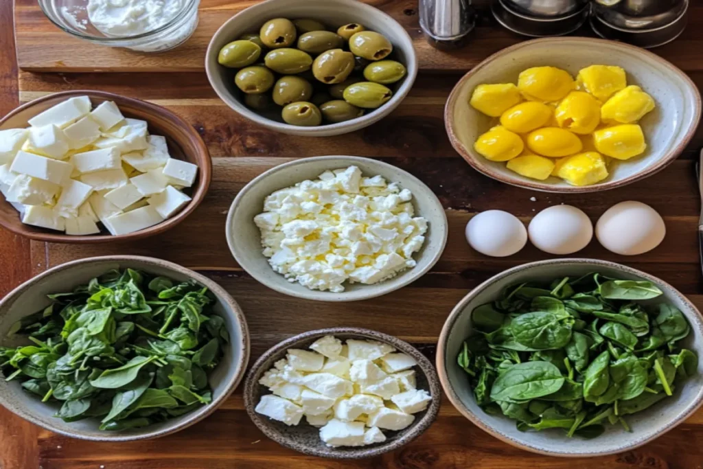 Ingredients for Greek egg muffins on a counter