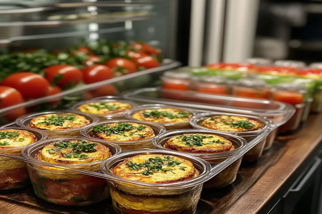 Meal-prep containers with Greek egg muffins