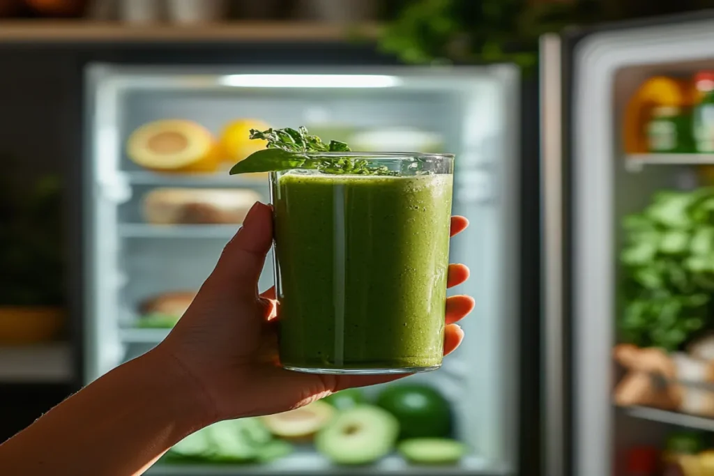 green smoothie breakfast held in hand in kitchen