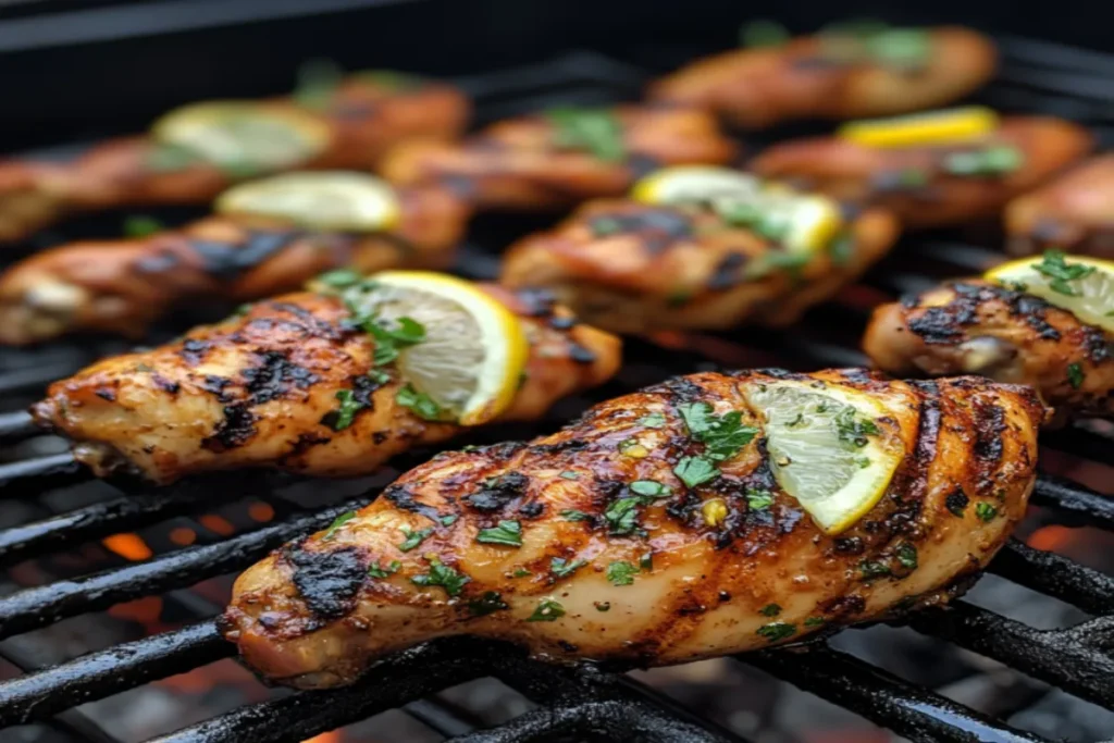 Grilled Greek-style chicken legs with crispy skin