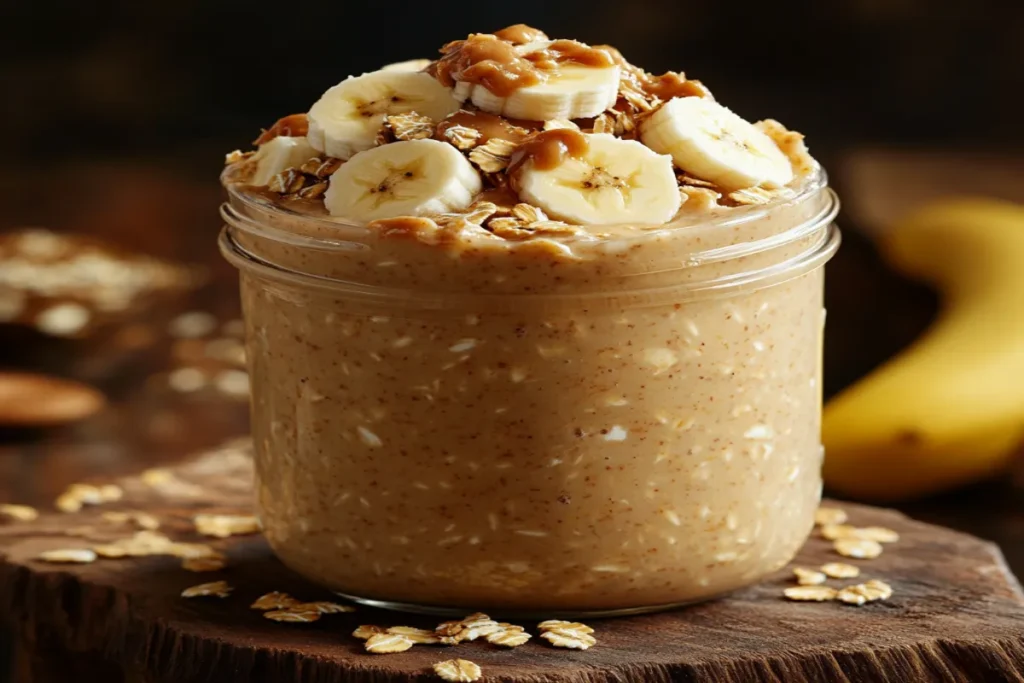 jar of peanut butter overnight oats with banana