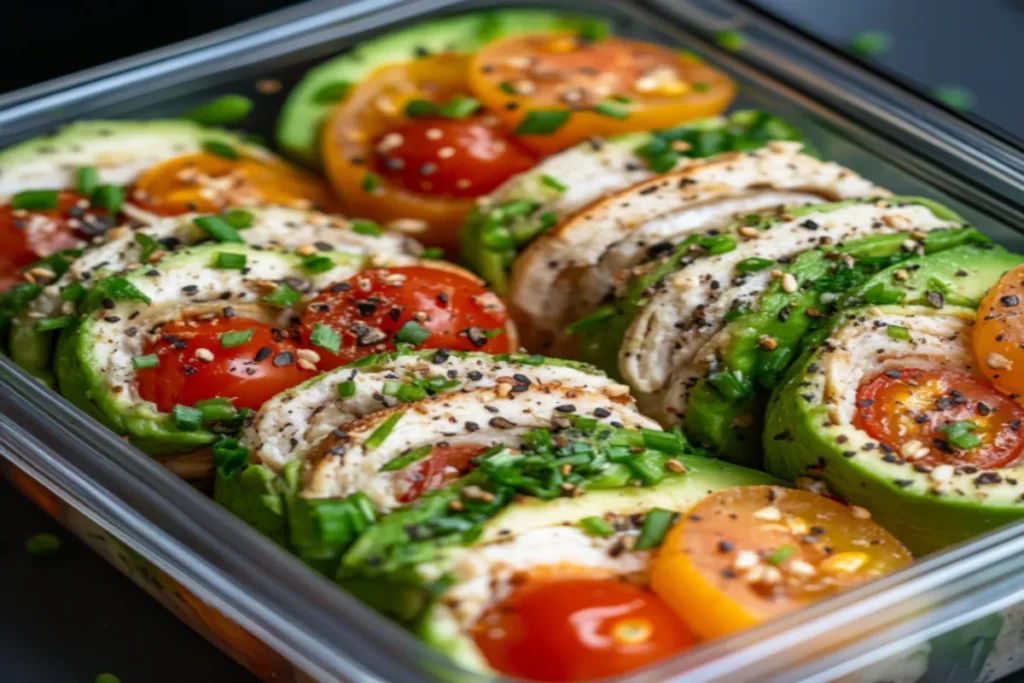 turkey avocado roll-ups in a bento box