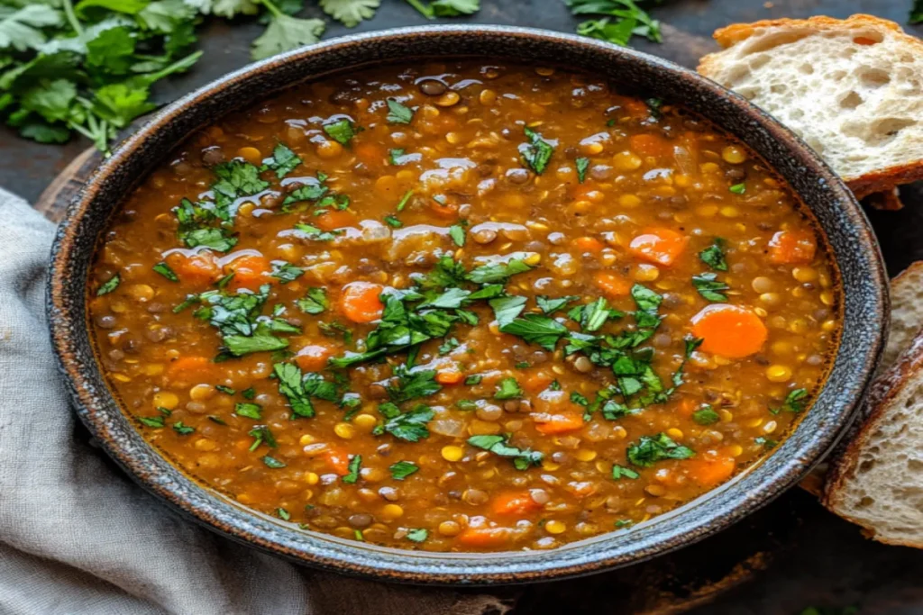 Hearty lentil soup in a ceramic bowl