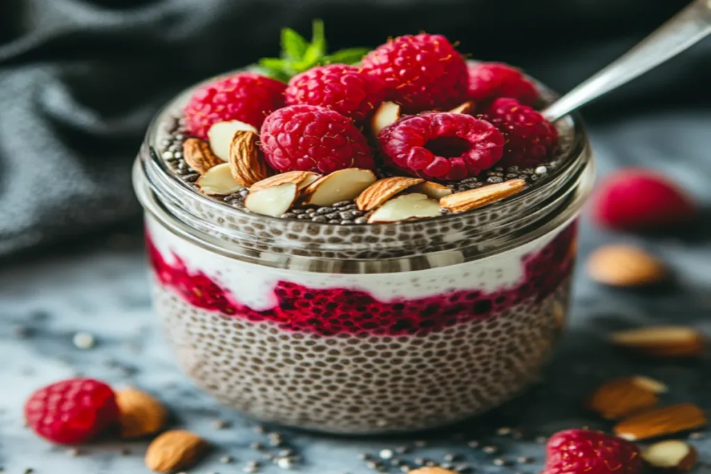 raspberry chia pudding in mason jar