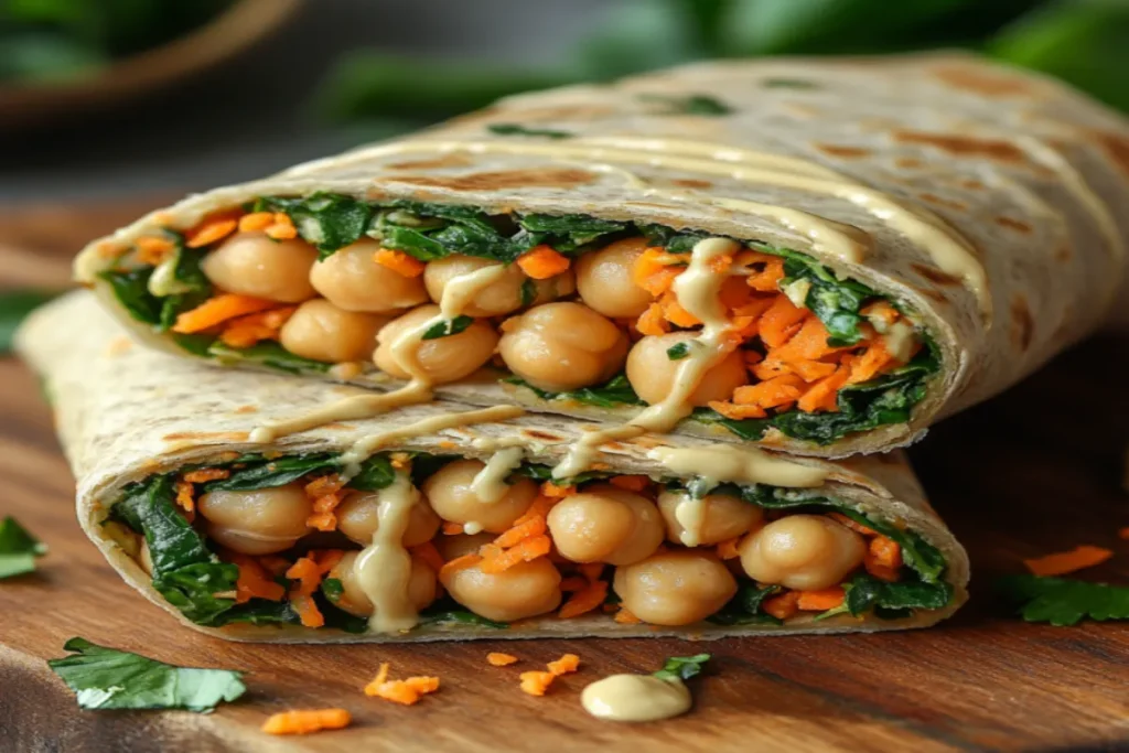 whole wheat wrap filled with chickpeas and veggies