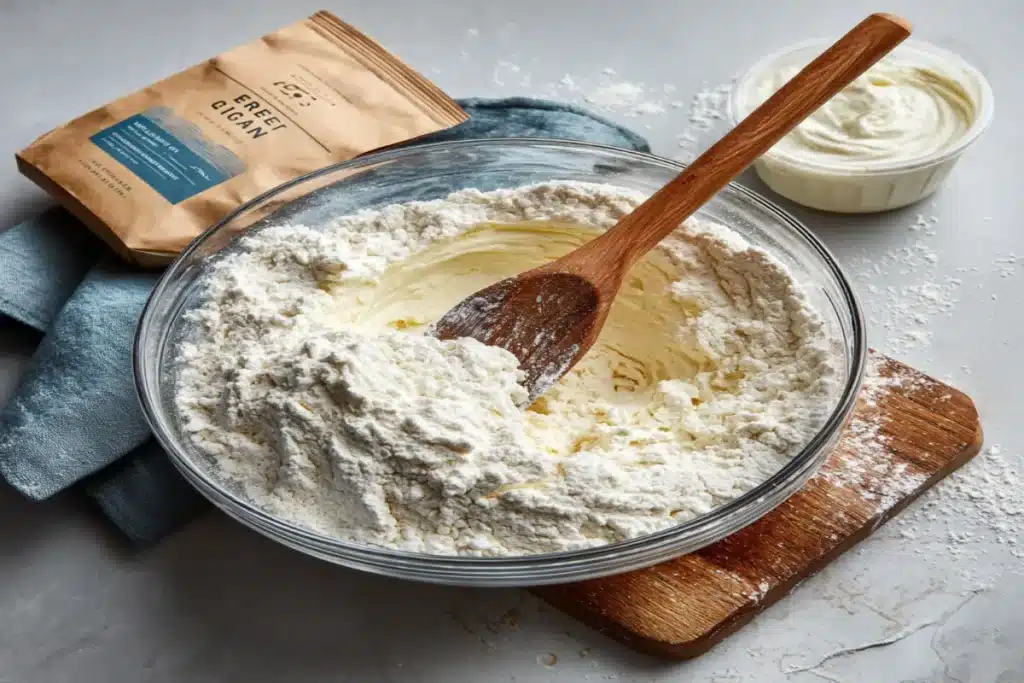 mixing Greek yogurt and flour for high-protein bagels