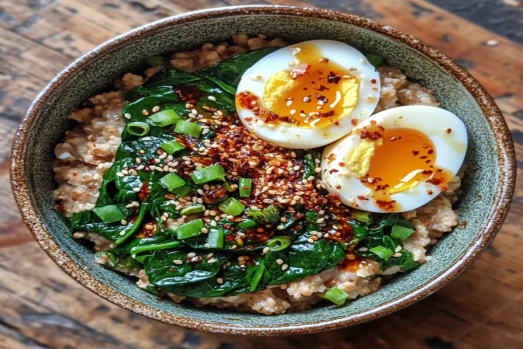 Savory oatmeal bowl with egg and greens