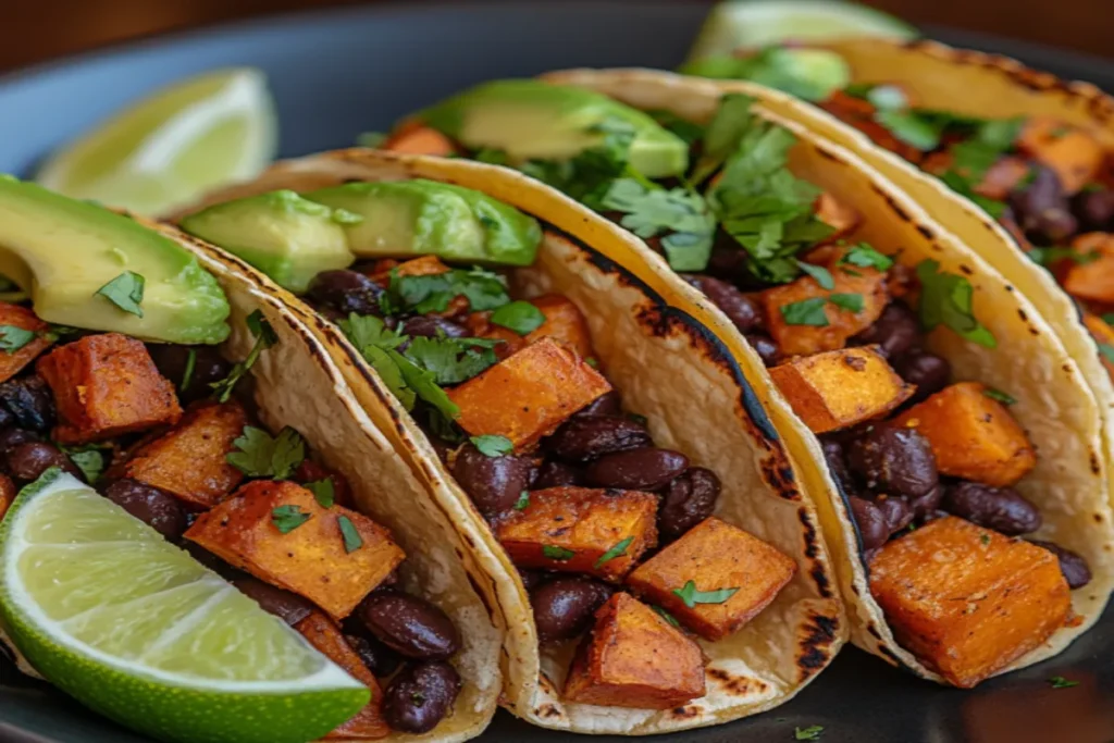 Sweet potato and black bean tacos on a plate