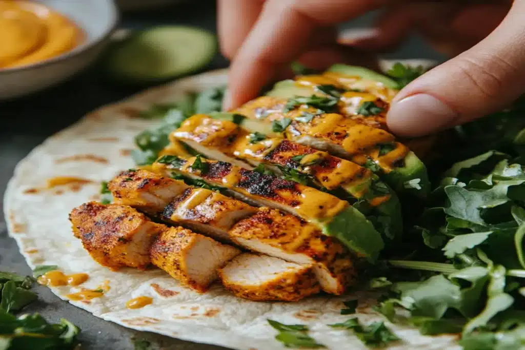 assembling turmeric chicken avocado wraps