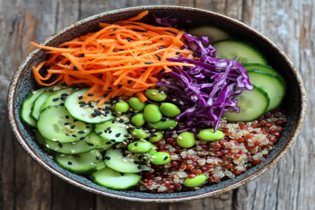 vegan cold grain bowl with fiber-rich ingredients