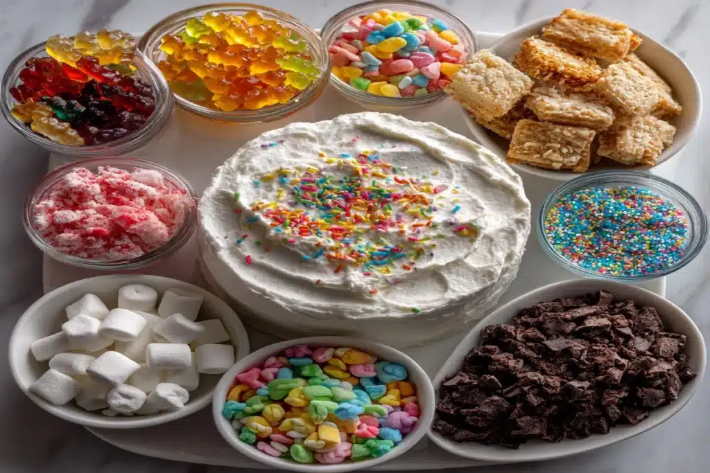 DIY chaos cake topping bar with candy and sprinkles